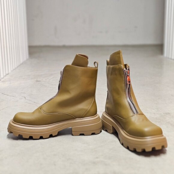 Chunky Sole Olive Green Leather Ankle Boots With Front Zipper And Lug Outsole Fo - Picture 3 of 8